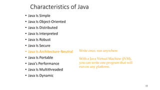 Characteristics of Java
• Java Is Simple
• Java Is Object-Oriented
• Java Is Distributed
• Java Is Interpreted
• Java Is Robust
• Java Is Secure
• Java Is Architecture-Neutral
• Java Is Portable
• Java's Performance
• Java Is Multithreaded
• Java Is Dynamic
33
Write once, run anywhere
With a Java Virtual Machine (JVM),
you can write one program that will
run on any platform.
 