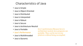 Characteristics of Java
• Java Is Simple
• Java Is Object-Oriented
• Java Is Distributed
• Java Is Interpreted
• Java Is Robust
• Java Is Secure
• Java Is Architecture-Neutral
• Java Is Portable
• Java's Performance
• Java Is Multithreaded
• Java Is Dynamic
35
Java’s performance Because Java is
architecture neutral, Java programs are
portable. They can be run on any
platform without being recompiled.
 