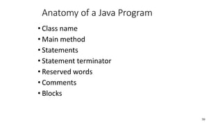 Anatomy of a Java Program
• Class name
• Main method
• Statements
• Statement terminator
• Reserved words
• Comments
• Blocks
50
 