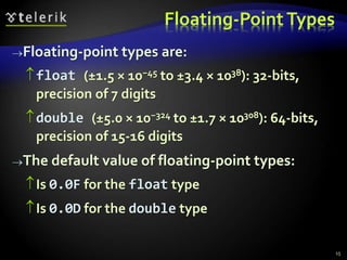 Floating-Point Types
Floating-point types are:
float (±1.5 × 10−45 to ±3.4 × 1038): 32-bits,
precision of 7 digits
double (±5.0 × 10−324 to ±1.7 × 10308): 64-bits,
precision of 15-16 digits
The default value of floating-point types:
Is 0.0F for the float type
Is 0.0D for the double type
15
 