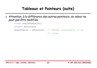 Tableaux et Pointeurs (suite)

   Attention, à la différence des autres pointeurs, sa valeur ne
   peut pas être modifiée
           float angleTable[4];
           float* aPointer;
           angleTable = aPointer;          // ERROR: angleTable is an
                                           // array




POO en C++: Types, Variables, Opérateurs   69            © 1997-2003 Fabio HERNANDEZ
 