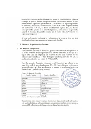 estimar los costos de producción exactos, menos la rentabilidad del IUbro en
cada tipo de ganado, aunque si se puede estimar los costos de la mano de obra
para el manejo y pastoreo que alcanza a 2325 Bs/año. Los ingresos por venta
de animales, productos y subproductos, 1740,1825 y 960 respectivamente,
dan un total de 4520 Bs., de donde se obtiene un ingreso de 2200 Bs./año
como promedio genera] en ]a actividad pecuaria, considerando un promedio
general de tenencia de ganado descrito en el punto D2.2.1.(Población por
especies principales).
A pesar del manejo tradicional y rudimentario, la pecuaria tiene un gran
significado e impOItancia denb'o de la econoDÚa familiar.
0.2.3. Sistemas de producción forestal.
D.2.3.1. Especies y superficies.
En la cabecera de valle de Achocalla, por sus características fisiográficas se
ha hecho evidentes diversos problemas de carácter ambiental, es así que en la
región alta (ceja de altiplano), se observan laderas que recorren en una
extensión aproximada de 17 Km. de largo y una franja de 0.2 a 0.6 Km. de
ancho con pendientes que varían de 30 hasta 50%.
Entre las especies forestales existentes en el Municipio que abarca a una
superficie total de aproximadamente 25 a 30 Has., ubicados en forma de
bosquesillos de 2 a 3 Has. alrededor de la laguna, en pendiente fuertes, en
liberas de río y en linderos de terrenos.
Cuadro 69. Especies forestales
Nombre común Nombre científico
Eucalipto Eucafiptlls g fobulus
Pino Pil1l1S radiata
Ciprés ClIpresus macrocarpa
Alamo Popu/lls sp.
Sauce Salix sp.
Acacia Acasia sp.
Relama Spanium junceun
Kiswara Budleja incana
Molle Schinus molle
Cactus Caclllssp.
Violeta 1
1allla sp.
,~
1<uente: AIIlod/agnOSI1C
O 2001, INIDEM.
Actualmente estas masas boscosas disminuyen rápidamente cada año debido
a la acción de tala de árboles realizado para consumo de leña como fuente de
combustible y la no reposición de éstas mediante la reforestación.
 
