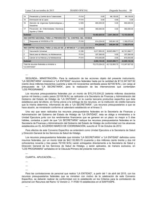 Lunes 2 de noviembre de 2015 DIARIO OFICIAL (Segunda Sección) 89
14 Prevención y Control de la Tuberculosis P 014 0.00 66,135.00 66,135.00
15 Eliminación de la Lepra P 014 0.00 0.00 0.00
16 Atención de Urgencias Epidemiológicas y
Desastres
U 009 900,000.00 0.00 900,000.00
17 Prevención de Enfermedades Diarreicas
Agudas y Cólera
U 009 350,000.00 0.00 350,000.00
Subtotal: 10,462,620.54 2,641,306.44 13,103,926.98
K00 CENTRO NACIONAL PARA LA PREVENCIÓN Y EL CONTROL DEL VIH/SIDA
1 Respuesta al VIH/SIDA e ITS P 016 914,234.00 245,841.00 1,160,075.00
Subtotal: 914,234.00 245,841.00 1,160,075.00
R00 CENTRO NACIONAL PARA LA SALUD DE LA INFANCIA Y LA ADOLESCENCIA
1 Vacunación Universal E 036 3,917,850.00 38,823,998.71 42,741,848.71
2 Salud para la Infancia y la Adolescencia P 014 337,260.00 0.00 337,260.00
3 Cáncer en la Infancia y la Adolescencia P 014 810,043.85 0.00 810,043.85
Subtotal: 5,065,153.85 38,823,998.71 43,889,152.56
Total de recursos federales a ministrar a
"LA ENTIDAD"
70,215,034.22 42,132,893.70 112,347,927.92
…
SEGUNDA.- MINISTRACIÓN.- Para la realización de las acciones objeto del presente instrumento,
“LA SECRETARÍA” ministrará a “LA ENTIDAD” recursos federales hasta por la cantidad de $112,347,927.92
(ciento doce millones trescientos cuarenta y siete mil novecientos veintisiete pesos 92/100 M.N.), con cargo al
presupuesto de “LA SECRETARÍA”, para la realización de las intervenciones que contemplan
“LOS PROGRAMAS”.
Los recursos presupuestarios federales por un monto de $70,215,034.22 (setenta millones doscientos
quince mil treinta y cuatro pesos 22/100 M.N.) se radicarán a la Secretaría de Finanzas y Administración del
Gobierno del Estado de Hidalgo de “LA ENTIDAD”, en la cuenta bancaria productiva específica que ésta
establezca para tal efecto, en forma previa a la entrega de los recursos, en la institución de crédito bancaria
que la misma determine, informando de ello a “LA SECRETARÍA”. Los recursos presupuestarios a que se
hace alusión, se ministrarán conforme al calendario establecido en el Anexo 3.
Una vez que sean radicados los recursos presupuestarios federales en la Secretaría de Finanzas y
Administración del Gobierno del Estado de Hidalgo de “LA ENTIDAD”, ésta se obliga a ministrarlos a la
Unidad Ejecutora junto con los rendimientos financieros que se generen en un plazo no mayor a 5 días
hábiles, contados a partir de que “LA SECRETARÍA” radique los recursos presupuestarios federales en la
Secretaría de Finanzas y Administración del Gobierno del Estado de Hidalgo de conformidad con los alcances
establecidos en EL ACUERDO MARCO DE COORDINACIÓN, suscrito el 10 de Octubre de 2012.
Para efectos de este Convenio Específico se entenderá como Unidad Ejecutora a la Secretaría de Salud
y Dirección General de los Servicios de Salud de Hidalgo.
Los recursos presupuestarios federales que ministre “LA SECRETARÍA” a “LA ENTIDAD” definidos como
insumos federales, por un monto total de $42,132,893.70 (cuarenta y dos millones ciento treinta y dos mil
ochocientos noventa y tres pesos 70/100 M.N.) serán entregados directamente a la Secretaría de Salud y
Dirección General de los Servicios de Salud de Hidalgo, y serán aplicados, de manera exclusiva, en
“LOS PROGRAMAS” señalados en la Cláusula Primera del presente instrumento.
…
CUARTA.- APLICACIÓN.- …
…
…
…
Para las contrataciones de personal que realice “LA ENTIDAD”, a partir del 1 de abril del 2015, con los
recursos presupuestarios federales que se ministren con motivo de la celebración de este Convenio
Específico, se deberán realizar de conformidad con lo establecido en los Criterios para la contratación de
personal con Recursos del Ramo 12 Versión 2. 11-FEB-15 establecidos en el SIAFFASPE.
…
 