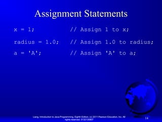 Assignment Statements
x = 1;

// Assign 1 to x;

radius = 1.0;

// Assign 1.0 to radius;

a = 'A';

// Assign 'A' to a;

Liang, Introduction to Java Programming, Eighth Edition, (c) 2011 Pearson Education, Inc. All
rights reserved. 0132130807

14

 