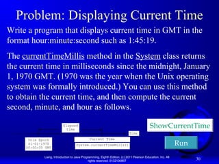Problem: Displaying Current Time
Write a program that displays current time in GMT in the
format hour:minute:second such as 1:45:19.
The currentTimeMillis method in the System class returns
the current time in milliseconds since the midnight, January
1, 1970 GMT. (1970 was the year when the Unix operating
system was formally introduced.) You can use this method
to obtain the current time, and then compute the current
second, minute, and hour as follows.
ShowCurrentTime

Elapsed
time
Unix Epoch
01-01-1970
00:00:00 GMT

Time
Current Time

System.currentTimeMills()

Liang, Introduction to Java Programming, Eighth Edition, (c) 2011 Pearson Education, Inc. All
rights reserved. 0132130807

Run
30

 