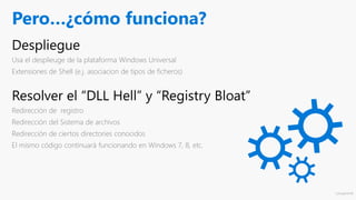 CartujaDotNet
Pero…¿cómo funciona?
Usa el desplieuge de la plataforma Windows Universal
Extensiones de Shell (e.j. asociacion de tipos de ficheros)
Redirección de registro
Redirección del Sistema de archivos
Redirección de ciertos directories conocidos
El mismo código continuará funcionando en Windows 7, 8, etc.
 