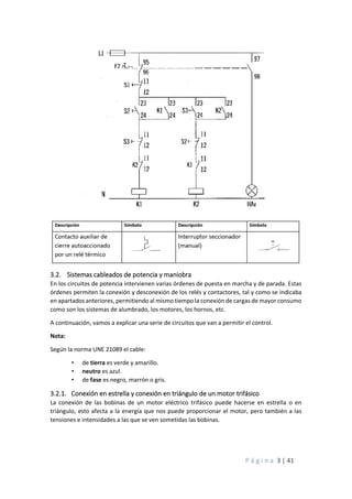 P á g i n a 3 | 41
3.2. Sistemas cableados de potencia y maniobra
En los circuitos de potencia intervienen varias órdenes de puesta en marcha y de parada. Estas
órdenes permiten la conexión y desconexión de los relés y contactores, tal y como se indicaba
en apartados anteriores, permitiendo al mismo tiempo la conexión de cargas de mayor consumo
como son los sistemas de alumbrado, los motores, los hornos, etc.
A continuación, vamos a explicar una serie de circuitos que van a permitir el control.
Nota:
Según la norma UNE 21089 el cable:
• de tierra es verde y amarillo.
• neutro es azul.
• de fase es negro, marrón o gris.
3.2.1. Conexión en estrella y conexión en triángulo de un motor trifásico
La conexión de las bobinas de un motor eléctrico trifásico puede hacerse en estrella o en
tríángulo, esto afecta a la energía que nos puede proporcionar el motor, pero también a las
tensiones e intensidades a las que se ven sometidas las bobinas.
 