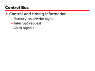 Control Bus
• Control and timing information
—Memory read/write signal
—Interrupt request
—Clock signals
 