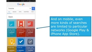 And on mobile, even
more kinds of searches
are limited to particular
networks (Google Play &
iPhone App Store).
 