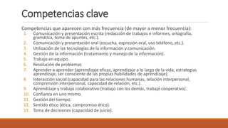 Competencias clave
Competencias que aparecen con más frecuencia (de mayor a menor frecuencia):
1. Comunicación y presentación escrita (redacción de trabajos e informes, ortografía,
gramática, toma de apuntes, etc.).
2. Comunicación y presentación oral (escucha, expresión oral, uso teléfono, etc.).
3. Utilización de las tecnologías de la información y comunicación.
4. Gestión de la información (tratamiento y manejo de la información).
5. Trabajo en equipo.
6. Resolución de problemas
7. Aprender a aprender (aprendizaje eficaz, aprendizaje a lo largo de la vida, estrategias
aprendizaje, ser consciente de las propias habilidades de aprendizaje).
8. Interacción social (capacidad para las relaciones humanas, relación interpersonal,
comprensión interpersonal, capacidad de relación, etc.).
9. Aprendizaje y trabajo colaborativo (trabajo con los demás, trabajo cooperativo).
10. Confianza en uno mismo.
11. Gestión del tiempo.
12. Sentido ético (ética, compromiso ético).
13. Toma de decisiones (capacidad de juicio).
 