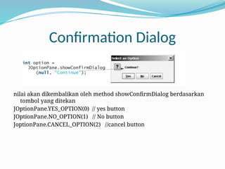 Confirmation Dialog
nilai akan dikembalikan oleh method showConfirmDialog berdasarkan
tombol yang ditekan
JOptionPane.YES_OPTION(0) // yes button
JOptionPane.NO_OPTION(1) // No button
JoptionPane.CANCEL_OPTION(2) //cancel button
 