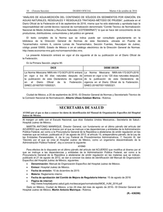 10 (Tercera Sección) DIARIO OFICIAL Martes 4 de octubre de 2016
“ANÁLISIS DE AGUA-MEDICIÓN DEL CONTENIDO DE SÓLIDOS EN SEDIMENTOS POR IGNICIÓN, EN
AGUAS NATURALES, RESIDUALES Y RESIDUALES TRATADAS–MÉTODO DE PRUEBA”, publicada en el
Diario Oficial de la Federación el 9 de septiembre de 2016, misma que ha sido elaborada y aprobada bajo la
responsabilidad del comité técnico nacional de normalización denominado “Comité Técnico de Normalización
Nacional de Medio Ambiente y Recursos Naturales (COTEMARNAT)” lo que se hace del conocimiento de los
productores, distribuidores, consumidores y del público en general.
El texto completo de la Norma que se indica puede ser consultado gratuitamente en la
biblioteca de la Dirección General de Normas de esta Secretaría, ubicada en Puente de
Tecamachalco número 6, colonia Lomas de Tecamachalco, Sección Fuentes, Naucalpan de Juárez,
código postal 53950, Estado de México o en el catálogo electrónico de la Dirección General de Normas:
http://www.economia-nmx.gob.mx/normasmx/index.nmx.
La presente Aclaración entrará en vigor el día siguiente al de su publicación en el Diario Oficial de
la Federación.
En la Primera Sección, página 95:
DICE DEBE DECIR
La Norma Mexicana NMX-AA-172-SCFI-2016 entrará
en vigor a los 60 días naturales después de
la publicación de esta Declaratoria de vigencia
en el Diario Oficial de la Federación.
SINEC-20160705110505321.
La Norma Mexicana NMX-AA-172-SCFI-2016
entrará en vigor a los 120 días naturales después
de la publicación de esta Declaratoria de
vigencia en el Diario Oficial de la Federación.
SINEC-20160705110505321.
Ciudad de México, a 20 de septiembre de 2016.- El Director General de Normas y Secretariado Técnico de
la Comisión Nacional de Normalización, Alberto Ulises Esteban Marina.- Rúbrica.
SECRETARIA DE SALUD
AVISO por el que se dan a conocer los datos de identificación del Manual de Organización Específico del Hospital
Juárez de México.
Al margen un sello con el Escudo Nacional, que dice: Estados Unidos Mexicanos.- Secretaría de Salud.-
Hospital Juárez de México.
MARTÍN ANTONIO MANRIQUE, Director General, con fundamento en el último párrafo del artículo del
ACUERDO que modifica al diverso por el que se instruye a las dependencias y entidades de la Administración
Pública Federal, así como a la Procuraduría General de la República a abstenerse de emitir regulación en las
materias que se indican, publicado el 21 de agosto de 2012, el artículo 15, antepenúltimo párrafo, de la Ley de
las Entidades Paraestatales, 4, de la Ley Federal de Procedimientos Administrativos, 7, fracción III, del
“Decreto por el que se crea el Hospital Juárez de México, como un organismo descentralizado de la
Administración Pública Federal”, doy a conocer lo siguiente:
AVISO
Para efectos de lo dispuesto en el último párrafo del artículo del ACUERDO que modifica al diverso por el
que se instruye a las dependencias y entidades de la Administración Pública Federal, así como a la
Procuraduría General de la República a abstenerse de emitir regulación en las materias que se indican,
publicado el 21 de agosto de 2012, se dan a conocer los datos de identificación del Manual de Organización
Específico del Hospital Juárez de México, siguientes:
 Denominación: Manual de Organización Específico del Hospital Juárez de México.
 Emisor: Hospital Juárez de México.
 Fecha de emisión: 10 de diciembre de 2015
 Materia: Reglamento interno
 Fecha de aprobación del Comité de Mejora de Regulatoria Interna: 15 de agosto de 2016
 Página de internet:
http://www.hospitaljuarez.salud.gob.mx/descargas/normatividad/MOE_HJM_2016.pdf
Dado en México, Ciudad de México, a los 24 días del mes de agosto de 2016.- El Director General del
Hospital Juárez de México, Martín Antonio Manrique.- Rúbrica.
(R.- 438296)
 