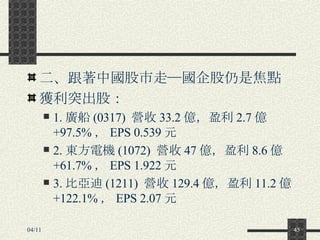 二、跟著中國股市走─國企股仍是焦點 獲利突出股： 1. 廣船 (0317)  營收 33.2 億，盈利 2.7 億  +97.5% ， EPS 0.539 元 2. 東方電機 (1072)  營收 47 億，盈利 8.6 億  +61.7% ， EPS 1.922 元 3. 比亞迪 (1211)  營收 129.4 億，盈利 11.2 億 +122.1% ， EPS 2.07 元 