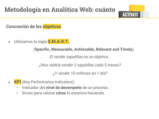 Metodología en Analítica Web: cuánto
Concreción de los objetivos
● Utilizamos la regla S.M.A.R.T.
(Specific, Measurable, Achievable, Relevant and Timely).
Si vender zapatillas es un objetivo…
¿Nos valdría vender 2 zapatillas cada 5 meses?
¿Y vender 10 millones en 1 día?
● KPI (Key Performance Indicators):
• Indicador del nivel de desempeño de un proceso.
• Sirven para valorar cómo lo estamos haciendo.
 