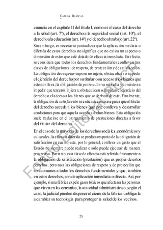 CARLos BLANC AS
BUSTAM ANTE
55
enuncia en elcapítulo II deltítulo I, como es elcaso delderecho
a la salud (art. 7º), el derecho a la seguridad social (art. 10º), el
derechoalaeducación(art.14º)yelderechoaltrabajo(art.22º).
Sin embargo, es necesario puntualizar que la aplicación mediata o
diferida de estos derechos no significa que no exista un aspecto o
dimensión de estos que esté dotado de eficacia inmediata. Enefecto,
se considera que todos los derechos fundamentales conllevan tres
clases de obligaciones: de respeto, de protección y de satisfacción.
La obligación de respetar supone no injerir, obstaculizar o impedir
elejercicio delderechopor sutitular osuaccesoa los bienesque
este conlleva; la obligación de protección va másallá yconsiste en
impedir que terceros injieran, obstaculicen o impidan el ejercicio del
derecho o elacceso a los bienes que se derivan de este. Finalmente,
la obligación de satisfacción se entiende comoasegurar que el titular
delderecho acceda a los bienes que este conlleva y desarrollar
condiciones para que aquela acceda a dichos bienes. Esta obligación
suele traducirse en el otorgamiento de prestaciones directas a favor
del titular del derecho.
Enelcasode la mayoría de losderechos sociales,económicosy
culturales, la eficacia diferida se predica respecto de la obligación de
satisfacción en cuanto esta, por lo general, conlleva un gasto que el
Estado no siempre puede realizar o solo puede ejecutar de manera
progresiva. Por tanto,esta clase de eficacia está referida únicamente a
la obligación de satisfacción (prestación) que es propia de estos
derechos, pero no a las obligaciones de respeto y de protección que
son comunes a todos los derechos fundamentales y que, también
en estosderechos, son de aplicación inmediata o directa. Así, por
ejemplo, si una fábrica expele gasestóxicos que afectana laspersonas
que vivenen lascercanías, la autoridadadministrativa o, segúnel
caso, la judicialpueden disponerelcierre de la fábrica uobligarla
a cambiar su tecnología para protegerla salud de los vecinos.
 