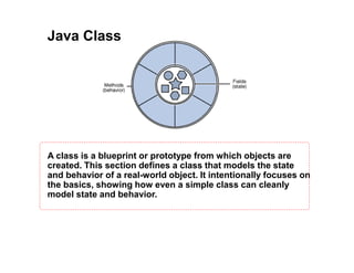 Java Class
A class is a blueprint or prototype from which objects are
created. This section defines a class that models the state
and behavior of a real-world object. It intentionally focuses on
the basics, showing how even a simple class can cleanly
model state and behavior.
 