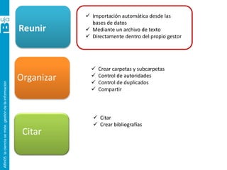 Alfin05.lacienciasemide.gestióndelainformación
Reunir
Organizar
Citar
 Importación automática desde las
bases de datos
 Mediante un archivo de texto
 Directamente dentro del propio gestor
 Crear carpetas y subcarpetas
 Control de autoridades
 Control de duplicados
 Compartir
 Citar
 Crear bibliografías
 