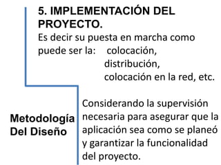 5. IMPLEMENTACIÓN DEL
PROYECTO.
Es decir su puesta en marcha como
puede ser la: colocación,
distribución,
colocación en la red, etc.
Considerando la supervisión
necesaria para asegurar que la
aplicación sea como se planeó
y garantizar la funcionalidad
del proyecto.
Metodología
Del Diseño
 
