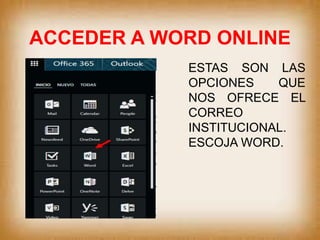 ACCEDER A WORD ONLINE
ESTAS SON LAS
OPCIONES QUE
NOS OFRECE EL
CORREO
INSTITUCIONAL.
ESCOJA WORD.
 