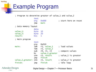 Verilog
Digital Design — Chapter 7 — Processor Basics 31
Example Program
; Program to determine greater of value_1 and value_2
text
org 0x000 ; start here on reset
jmp main
; Data memory layout
data
value_1: byte 10
value_2: byte 20
result: bss 1
; Main program
text
org 0x010
main: ldm r1, value_1 ; load values
ldm r2, value_2
sub r0, r1, r2 ; compare values
bc value_2_greater
stm r1, result ; value_1 is greater
jmp finish
value_2_greater: stm r2, result ; value_2 is greater
finish: jmp finish ; idle loop
 