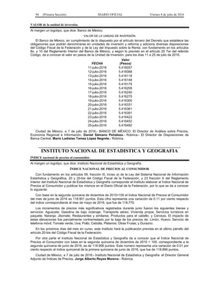 94 (Primera Sección) DIARIO OFICIAL Viernes 8 de julio de 2016
VALOR de la unidad de inversión.
Al margen un logotipo, que dice: Banco de México.
VALOR DE LA UNIDAD DE INVERSIÓN
El Banco de México, en cumplimiento de lo dispuesto por el artículo tercero del Decreto que establece las
obligaciones que podrán denominarse en unidades de inversión y reforma y adiciona diversas disposiciones
del Código Fiscal de la Federación y de la Ley del Impuesto sobre la Renta; con fundamento en los artículos
8o. y 10 del Reglamento Interior del Banco de México, y según lo previsto en el artículo 20 Ter del referido
Código, da a conocer el valor en pesos de la Unidad de Inversión, para los días 11 a 25 de julio de 2016.
FECHA
Valor
(Pesos)
11-julio-2016 5.416057
12-julio-2016 5.416088
13-julio-2016 5.416118
14-julio-2016 5.416148
15-julio-2016 5.416179
16-julio-2016 5.416209
17-julio-2016 5.416240
18-julio-2016 5.416270
19-julio-2016 5.416300
20-julio-2016 5.416331
21-julio-2016 5.416361
22-julio-2016 5.416391
23-julio-2016 5.416422
24-julio-2016 5.416452
25-julio-2016 5.416482
Ciudad de México, a 7 de julio de 2016.- BANCO DE MÉXICO: El Director de Análisis sobre Precios,
Economía Regional e Información, Daniel Sámano Peñaloza.- Rúbrica.- El Director de Disposiciones de
Banca Central, Mario Ladislao Tamez López Negrete.- Rúbrica.
INSTITUTO NACIONAL DE ESTADISTICA Y GEOGRAFIA
ÍNDICE nacional de precios al consumidor.
Al margen un logotipo, que dice: Instituto Nacional de Estadística y Geografía.
ÍNDICE NACIONAL DE PRECIOS AL CONSUMIDOR
Con fundamento en los artículos 59, fracción III, inciso a) de la Ley del Sistema Nacional de Información
Estadística y Geográfica, 20 y 20-bis del Código Fiscal de la Federación, y 23 fracción X del Reglamento
Interior del Instituto Nacional de Estadística y Geografía corresponde al Instituto elaborar el Índice Nacional de
Precios al Consumidor y publicar los mismos en el Diario Oficial de la Federación, por lo que se da a conocer
lo siguiente:
Con base en la segunda quincena de diciembre de 2010=100 el Índice Nacional de Precios al Consumidor
del mes de junio de 2016 es 118.901 puntos. Esta cifra representa una variación de 0.11 por ciento respecto
del índice correspondiente al mes de mayo de 2016, que fue de 118.770.
Los incrementos de precios más significativos registrados durante junio fueron los siguientes bienes y
servicios: Aguacate; Gasolina de bajo octanaje; Transporte aéreo; Vivienda propia; Servicios turísticos en
paquete; Naranja; Jitomate; Restaurantes y similares; Productos para el cabello; y Cerveza. El impacto de
estas elevaciones fue parcialmente contrarrestado por la baja de los precios de: Limón; Huevo; Servicio de
telefonía móvil; Tomate verde; Uva; Pollo; Cebolla; Plátanos; Otras Frutas; y Durazno.
En los próximos días del mes en curso, este Instituto hará la publicación prevista en el último párrafo del
artículo 20-bis del Código Fiscal de la Federación.
Por otra parte el Instituto Nacional de Estadística y Geografía da a conocer que el Índice Nacional de
Precios al Consumidor con base en la segunda quincena de diciembre de 2010 = 100, correspondiente a la
segunda quincena de junio de 2016, es de 118.906 puntos. Este número representa una variación de 0.01 por
ciento respecto al índice quincenal de la primera quincena de junio de 2016, que fue de 118.896 puntos.
Ciudad de México, a 7 de julio de 2016.- Instituto Nacional de Estadística y Geografía: el Director General
Adjunto de Índices de Precios, Jorge Alberto Reyes Moreno.- Rúbrica.
 