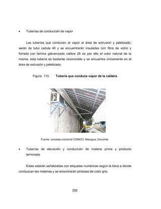  Tub
Las
serán d
forrada
misma,
área de
 Tub
term
Est
conduzc
berías de c
s tuberías
e tubo ced
con lamina
esta tuberí
extrusión y
Figura 1
Fue
berías de
minado
tas estarán
can las mate
conducción
que condu
dula 40 y
a galvaniza
ía es basta
y peletizado
15. Tub
ente: complejo
elevación
n señalizada
erias y se e
29
de vapor
ucen el va
se encuen
ada calibre
ante recono
o.
bería que c
o industrial CO
y condu
as con etiq
encontrarán
92
por al área
ntrarán insu
e 26 es po
ocible y se
conduce va
OINCO, Masa
ucción de
uetas numé
n pintadas d
a de extru
uladas con
or ello el c
encuentra
apor de la
agua, Escuin
materia p
éricas segú
de color gri
sión y pel
n fibra de
color natura
únicament
caldera
tla.
prima y p
ún la tolva a
is.
etizado,
vidrio y
al de la
te en el
producto
a donde
 