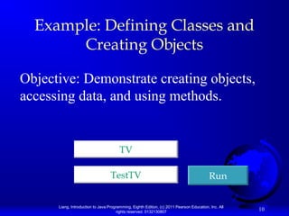 Liang, Introduction to Java Programming, Eighth Edition, (c) 2011 Pearson Education, Inc. All
rights reserved. 0132130807
10
Example: Defining Classes and
Creating Objects
Objective: Demonstrate creating objects,
accessing data, and using methods.
TestTVTestTV RunRun
TVTV
 