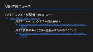 UE4界隈ニュース
CEDEC 2018が開催されました！
● https://2018.cedec.cesa.or.jp/
○ UE4アニメーションシステム総おさらい
■ https://www.slideshare.net/EpicGamesJapan/cedec2018-ue4-111
104578
○ UE4で多数のキャラクターを生かすためのテクニック
■ https://www.slideshare.net/EpicGamesJapan/cedec2018-ue4-111
105729
 