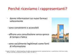 Perché riceviamo i rappresentanti?
- danno informazioni sui nuovi farmaci
velocemente
- sono convenienti e accessibili
- offrono una consultazione senza spreco
di tempo e fatica
- sono socialmente legittimati come fonti
di informazione
Prosser H Walley T. Understanding why GPs see pharmaceutical representatives: a qualitative interview study.
British Journal of General Practice. 2003; 53:305-11
 