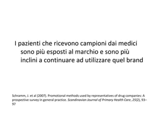 I pazienti che ricevono campioni dai medici
sono più esposti al marchio e sono più
inclini a continuare ad utilizzare quel brand
Schramm, J. et al (2007). Promotional methods used by representatives of drug companies: A
prospective survey in general practice. Scandinavian Journal of Primary Health Care, 25(2), 93–
97
 