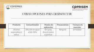 Producto Concentración Medio de
aplicación
Precauciones Tiempo de
reacción
Alcohol
isopropílico o
etílico
Dilución en agua
al 60-70%
En spray
directo sobre
superficie
Ninguna Inmediata
OTRAS OPCIONES PARA DESINFECTAR
 