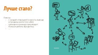 Лучше стало?
Плюсы:
- с каждой итерацией скорость вывода
в продакш растет (по идее);
- суммарно команда производит
больше работы (вроде бы);
- ...
 