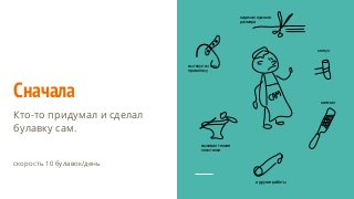 Сначала
Кто-то придумал и сделал
булавку сам.
скорость 10 булавок/день
выковал тонкие
пластинки
вытянул из них
проволоку
нарезал нужного
размера
согнул
наточил
и другие работы
 