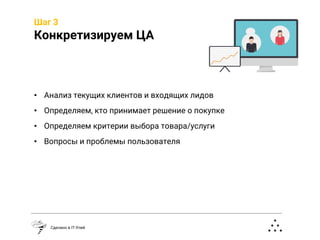 Шаг 3
Конкретизируем ЦА
Сделано в IT-Улей
• Анализ текущих клиентов и входящих лидов
• Определяем, кто принимает решение о покупке
• Определяем критерии выбора товара/услуги
• Вопросы и проблемы пользователя
 