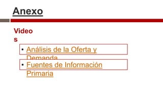 Anexo
Video
s
• Análisis de la Oferta y
Demanda
• Fuentes de Información
Primaria
 