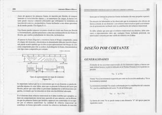 Antorio Blanco l dsco €srnucruuactor¡YDrsEflooEEDrircacroNtsDEcoNcnEfoaFr¡aDo
Anlcsdc Íp¡rrcccrl¡s prinrcftsñsurasde racciónF)r flc¡ión,el comtxr-
liünlcnloesclcnci¡l rcn(cclfstico,y d aümenhfsclascargas,k fucrz:lcof-
l¡otc pucdcorigillarcsl¡crzoriprircipalcsqucsobrcp¿senla resistcnciieo
t-r.|(]cir,)lrdclconcrc(',poduciónd(,sclisurasinclinad¡s¡ üDit¿l(ur¡r¿proxina-
d¡ dcmcdroncr:rhc(Verfigur¿X- l)-
llslaflsur¡spucdcflrlrrcccren puntr)sdondenoexistcun¡lfisurato¡ flcxión
o,frocucolcürcn(c,pucdcDp.escntt¡15ccoorounaconainuációüdcuDafisur¿c¡l
llcxitln,qucciunbi¡ gr¡du¿lmc¡tcdcdirccciór,ircliflándosc.
Al puccc¡Lrnsür¡dirgo¡rl y crtcndcrschrciael bloqucconrprirrido,caüsa
cl col¿psodclclcnrcntr),obtc i¿ndoscladcnominadafall¿porü¿ccióndiirgl>
nrl;pucdcocuÍir r¡nrbióoquclal¡lllr sc¡¡por¡pllstánr¡cntodclbloqucdccon-
crclocofirpnrnidopucséstos€rcduccalproloflgarscla fisur4 dcoo¡rinándosc
es(ct¡pocomocompresióntxrrcortante.
Tiposdc¡gricl¡miento envigasdeconcrclo.
l'igura X-r
I1sinporhnlcindi{:irrquenoescooveDicnlcquccnunelcmcntoscpuedadc-
s¡ffollaf dgunil'sdceslasf¡jlas, aJfcsqucscpresenleIaflucnci¿dcl acerofx)r
flcxióo, pucsloquccslrs f¡ll¡s scprcserlanripidamentca defonnncioncspe-
quc¡i¡s,rcvclxndoquclircstructuranoücncum ductibilidad¡dccuada.
Si cl elcmentotienerefucr¿otm¡$vcrsxlenel al¡u (cstribosfnr cjcmplo),sü
tiencunco¡nporurmientoinicial nrüyparccidoal c¡soanteritr, conladifcrcn,
ciaquclasprime¡¿fisurasquclicndcnaaparecersoflcongot*t:r_scosucspe-
sor por cl rcfuerzo tfilr.svcrs8l.I-¡ cnntidaddc rcfucr7o ¡ransvers{l no
coutribuyccn fomn ¿p¡eciablea rcsistirloscsfucr¿osioclinadosdetr¿cciún
,/ r.,2¿lltl
hrsu ques! fo¡n¡"rt¡snrinrcrnslisnft intlinad¿s(dcntuypcqücaocspcsor).
¡l cnsrvosdtrhh)ftrtorioschr obcrvadoqucl¡ rcsistcncir¿rkrsefcclosde
fucr¿ilú)n¡Dc dcuoclcfilcnloco¡rrcfr¡crzotiutsvcrsnlcsi! uala surcsistco-
ci¡ ir¡¡¡grict¡nric¡rloir|clirrn(¡ot ris]nünüribucithdcl¡cfucrzotransversirl
Sc¡lcb(s!ñrl:rrqucftrrll quecl rcluc.rotr:mslcrsalscaefcctivo,dcbccolo
c¡rsc ir cspaciiunicrltr)st¡les rluc cualquiernsur¿inclhadl potcncial,scn
aúiryuvdr o cru¡.,ir Ii)r um vüill¡ dcrclucr¿oe0cl alma
DISENO PORCORTANTE
GENERALIDADES
lll discr'¡odcLLsccci(nrcstnrnsvcr!¡lcsdck,sclenenk)ssuictosa fü€rz¡cor'
t¡¡rcdcbcÍitnr$rcscgúrkrind¡crdocnlrlNorNaPerua¡¡col sisuienlcex'
vu < tVÍ
Dt)ndcVü eslarcsistcrrcilrcqu¿rid¡porcort€enlasccció¡r¡n¿lizzúiy V¡ cs
la rcsislcoci¡rnomil]¡J.
Lrreislerrci¡nomi¡¡i vn eslüí cortonnadaporl¡conribucióndc¡concreo
Vc y porh contribucióodcl lccro Vs dcaalfoma quc.
Vn = Vc+Vs
L¡ l-ucrá deeortcVu scpucdclomrr a unadistanci¡ d dcl apoyop¡fa los
 