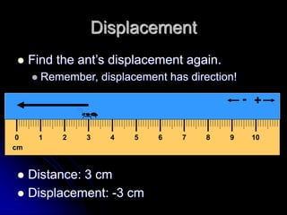 Displacement
 Find the ant’s displacement again.
 Remember, displacement has direction!
 Distance: 3 cm
 Displacement: -3 cm
cm
0 1 2 3 4 5 6 7 8 9 10
+
-
 