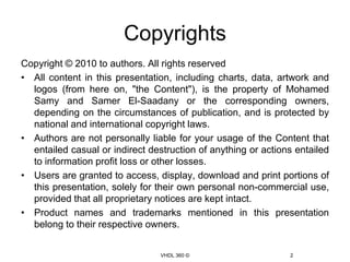 CopyrightsCopyright © 2010 to authors. All rights reservedAll content in this presentation, including charts, data, artwork and logos (from here on, "the Content"), is the property of Mohamed Samy and Samer El-Saadany or the corresponding owners, depending on the circumstances of publication, and is protected by national and international copyright laws.Authors are not personally liable for your usage of the Content that entailed casual or indirect destruction of anything or actions entailed to information profit loss or other losses.Users are granted to access, display, download and print portions of this presentation, solely for their own personal non-commercial use, provided that all proprietary notices are kept intact. Product names and trademarks mentioned in this presentation belong to their respective owners.VHDL 360 ©2