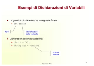 Esempi di Dichiarazioni di Variabili


       La generica dichiarazione ha la seguente forma:
           int count;



Tipo                    identificatore
                        della variabile

       Dichiarazioni con inizializzazione:
           char c = ’a’;
           String txt = ”testo”;


                                                              Valore
                                                             iniziale



                                                                        40
                                          Dispense su JAVA
 