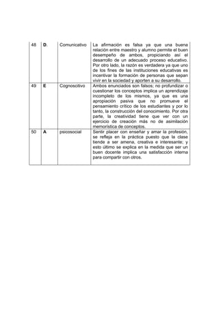 48 D. Comunicativo La afirmación es falsa ya que una buena
relación entre maestro y alumno permite el buen
desempeño de ambos, propiciando así el
desarrollo de un adecuado proceso educativo.
Por otro lado, la razón es verdadera ya que uno
de los fines de las instituciones educativas es
incentivar la formación de personas que sepan
vivir en la sociedad y aporten a su desarrollo.
49 E Cognoscitivo Ambos enunciados son falsos; no profundizar o
cuestionar los conceptos implica un aprendizaje
incompleto de los mismos, ya que es una
apropiación pasiva que no promueve el
pensamiento crítico de los estudiantes y por lo
tanto, la construcción del conocimiento. Por otra
parte, la creatividad tiene que ver con un
ejercicio de creación más no de asimilación
memorística de conceptos.
50 A psicosocial Sentir placer con enseñar y amar la profesión,
se refleja en la práctica puesto que la clase
tiende a ser amena, creativa e interesante; y
esto último se explica en la medida que ser un
buen docente implica una satisfacción interna
para compartir con otros.
 