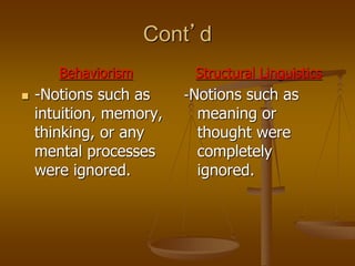 Cont’d
Behaviorism
 -Notions such as
intuition, memory,
thinking, or any
mental processes
were ignored.
Structural Linguistics
-Notions such as
meaning or
thought were
completely
ignored.
 