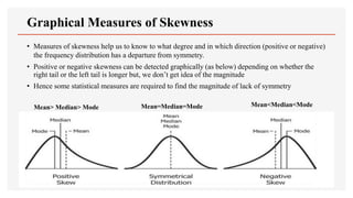 Graphical Measures of Skewness
• Measures of skewness help us to know to what degree and in which direction (positive or negative)
the frequency distribution has a departure from symmetry.
• Positive or negative skewness can be detected graphically (as below) depending on whether the
right tail or the left tail is longer but, we don’t get idea of the magnitude
• Hence some statistical measures are required to find the magnitude of lack of symmetry
Mean=Median=Mode Mean<Median<Mode
Mean> Median> Mode
Symmetrical Skewed to the Left Skewed to the Right
 