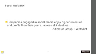 Social Media ROI




◼Companies engaged in social media enjoy higher revenues
 and profits than their peers...across all industries
                                       Altimeter Group + Wetpaint




                                 38
 