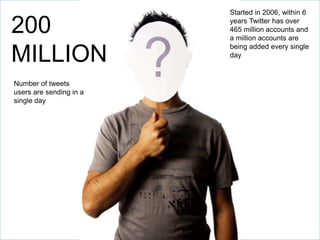 200
MILLION
Started in 2006, within 6
years Twitter has over
465 million accounts and
a million accounts are
being added every single
day
Number of tweets
users are sending in a
single day
 