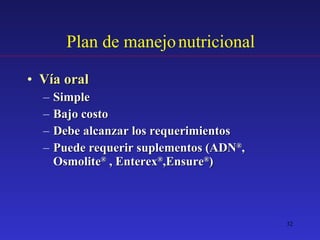 Plan de manejo nutricional Vía oral Simple Bajo costo Debe alcanzar los requerimientos Puede requerir suplementos (ADN ® ,  Osmolite ®  , Enterex ® ,Ensure ® ) 