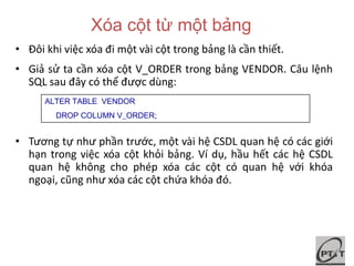 Xóa cột từ một bảng
• Đôi khi việc xóa đi một vài cột trong bảng là cần thiết.
• Giả sử ta cần xóa cột V_ORDER trong bảng VENDOR. Câu lệnh
SQL sau đây có thể được dùng:
• Tương tự như phần trước, một vài hệ CSDL quan hệ có các giới
hạn trong việc xóa cột khỏi bảng. Ví dụ, hầu hết các hệ CSDL
quan hệ không cho phép xóa các cột có quan hệ với khóa
ngoại, cũng như xóa các cột chứa khóa đó.
ALTER TABLE VENDOR
DROP COLUMN V_ORDER;
41
 