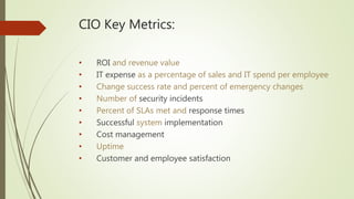 CIO Key Metrics:
• ROI and revenue value
• IT expense as a percentage of sales and IT spend per employee
• Change success rate and percent of emergency changes
• Number of security incidents
• Percent of SLAs met and response times
• Successful system implementation
• Cost management
• Uptime
• Customer and employee satisfaction
 