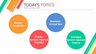 T
h
e
P
o
w
e
r
o
f
P
o
w
e
r
P
o
i
n
t
TODAY’S TOPICS
S
L
I
D
E
5
Talking about SEO
Riview
System Operasi
FEDORA
Riview
Virtual Box
Instalasi
System Operasi
Fedora
Instalasi
Virtual Box
 