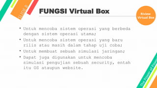 T
h
e
P
o
w
e
r
o
f
P
o
w
e
FUNGSI Virtual Box
S
L
I
D
E
8
• Untuk mencoba sistem operasi yang berbeda
dengan sistem operasi utama;
• Untuk mencoba sistem operasi yang baru
rilis atau masih dalam tahap uji coba;
• Untuk membuat sebuah simulasi jaringan;
• Dapat juga digunakan untuk mencoba
simulasi pengujian sebuah security, entah
itu OS ataupun website.
Riview
Virtual Box
 