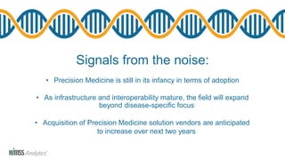 Signals from the noise:
• Precision Medicine is still in its infancy in terms of adoption
• As infrastructure and interoperability mature, the field will expand
beyond disease-specific focus
• Acquisition of Precision Medicine solution vendors are anticipated
to increase over next two years
 